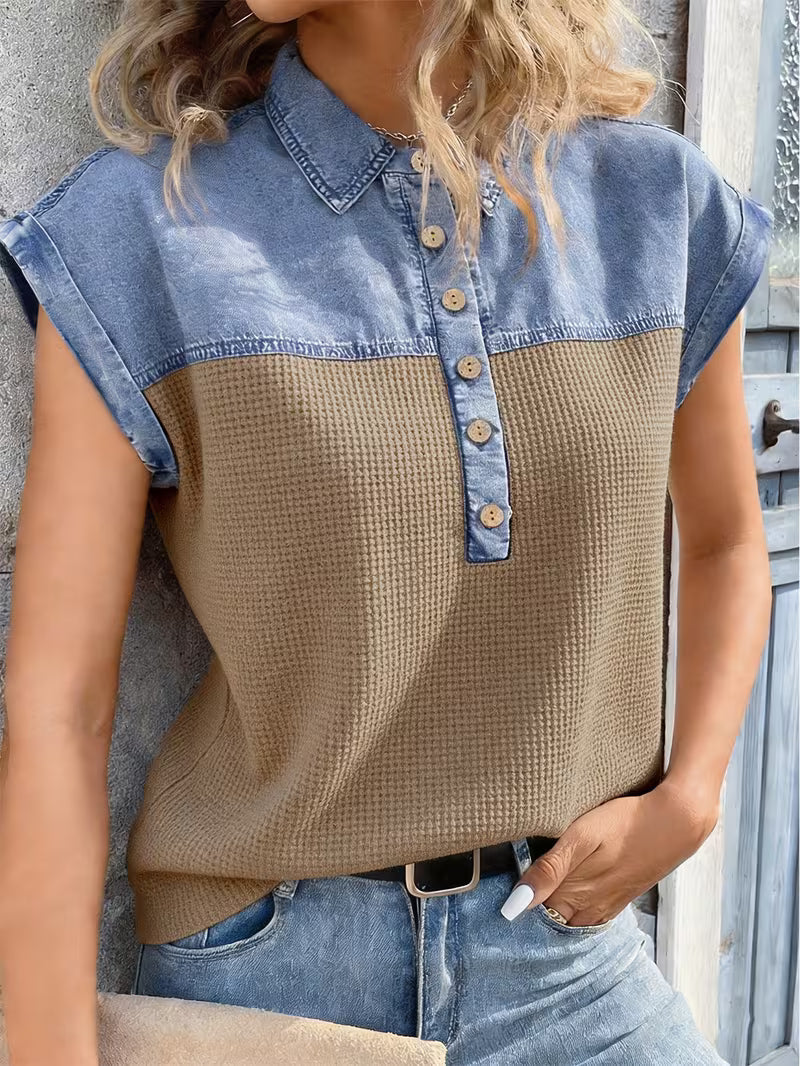 Audrey - Comfortable Denim Patchwork Collar Top