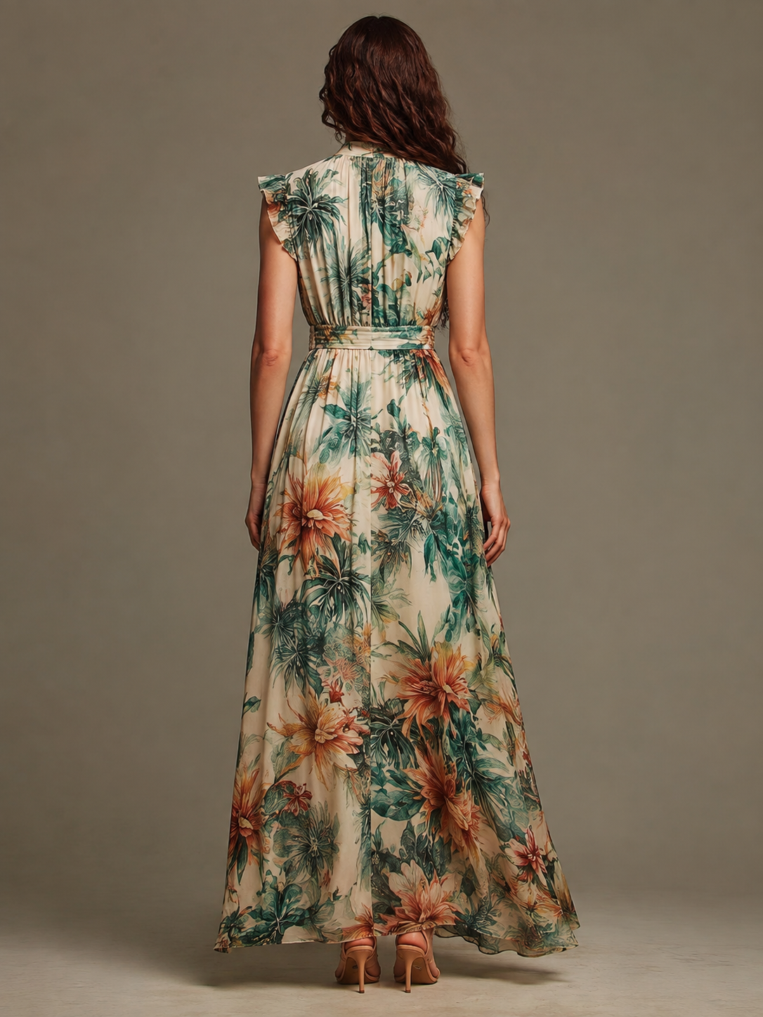 Martha - Tropical Print Cinched Waist Maxi Dress
